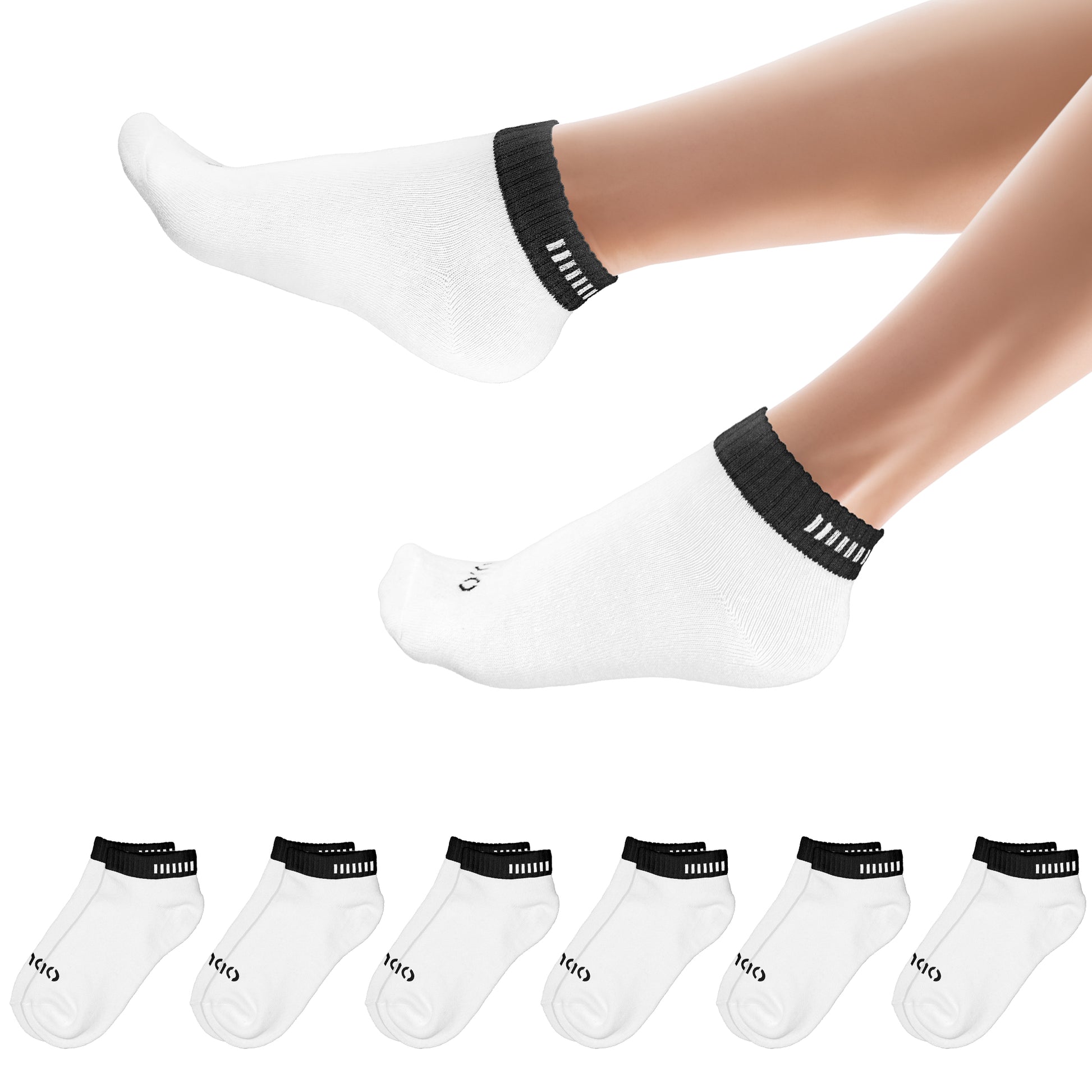 Quartersocken, Weiß, schwarze Manschette, Branding